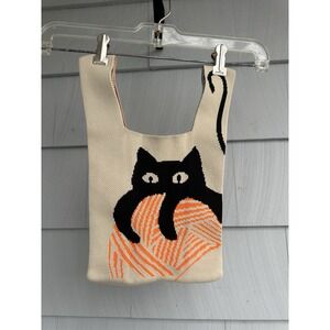 Knitted Mini Tote‎ Bag Black Cat & Yarn Open Top Polyester Handbag